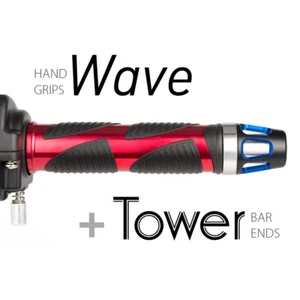 KiWAV Motorcycle Wave Grips Red with Tower Bar Ends Blue/Silver - Picture 1 of 2