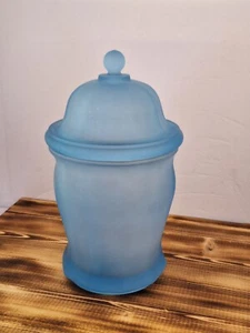 VTG Blue Satin Glass Apothecary Canister Jar Frosted Lid Storage Table Counter - Picture 1 of 13