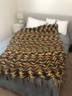 Vintage Wool  Hand Made Knitted Rainbow Blanket With Tussels