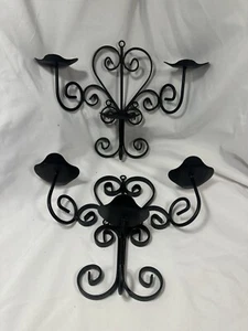 set of 2 candle holders wall decor black metal holds 3 candles - Picture 1 of 6