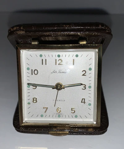 Vtg 7 Jewels Seth Thomas Travel Alarm Clock Made In Germany Brown Leather Case Cover