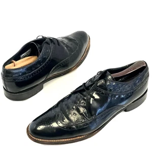 Vtg Stacy Adams Black Leather OSTRICH Grain ROCKABILLY Shoe WING TIP Oxford 8.5 - Picture 1 of 10