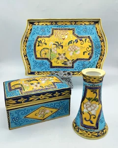 Nippon Porcelain Vanity Set Tray Covered Box Hatpin Raised Gold Yellow & Blue - Picture 1 of 24