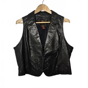 Danier Leather Vest Womens XL Black Cropped Waist Coat Collared Button Up Biker - Picture 1 of 7