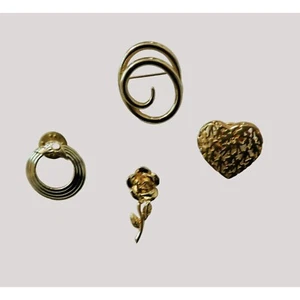 Set of 4 Fashion Pins Heart Circles Floral Brooch Pin Back Gold Tone - Picture 1 of 9