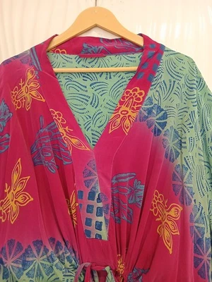 Crepe Silk Kaftan Pink-Green Robe Dress Long Woman Gown Maxi Tunic KFN3135 - Image 1 of 4