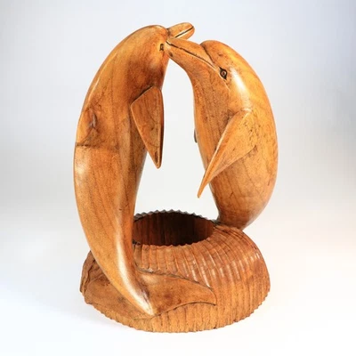 Hochwertiges handgeschnitztes Massivholz Delfin Paar Skulptur groß Wohndeko Geschenk - Bild 1 von 4