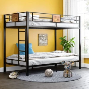 Metal Bunk Bed Twin Over Twin Size with Ladder and Full-Length Guardrail, Black - Picture 1 of 7
