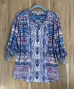 One World Casual Top Women's Size L 3/4 Sleeve Roll Tab Boho Paisley Multicolor - Picture 1 of 12