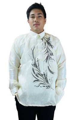 Modern White Barong Tagalog with Black Feather Embroidery - ORDER US SIZE - Imagem 1 de 4