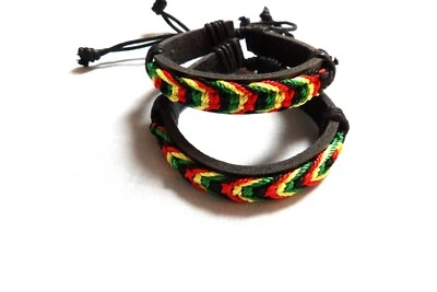 Set of 2 RASTA COLORS WOVEN CORD ON BLACK LEATHER BRACELET SLIDE STRING CLOSE - Image 1 of 3