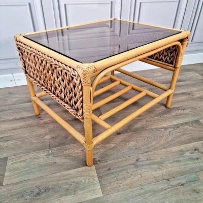 Vintage Side Coffee Table Bamboo Rattan Wicker Smoked Glass Top - Boho? Retro - Image 1 of 4