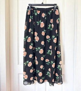 NWT Floral Chiffon A-Line Flare Maxi Skirt Size S Lined Black Peach & Green - Picture 1 of 8