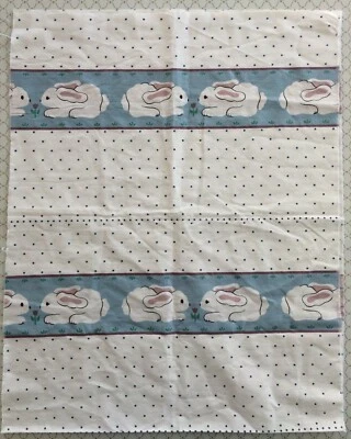 Bunny Rabbit Border Print Fabric Easter Crafts Tulips Blue Polka Dots On White  - Image 1 of 4