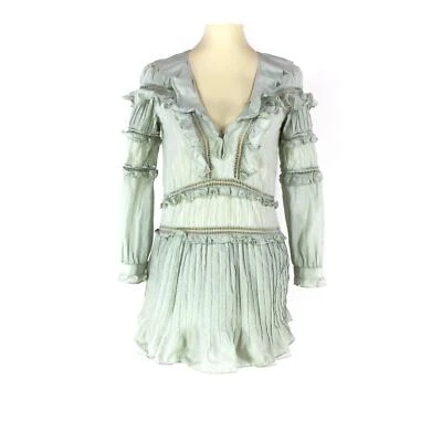 For Love & Lemons Sage Green Ruffle V-Neck Ziggy Dress S Cotton Long Sleeve Mini - Image 1 of 4