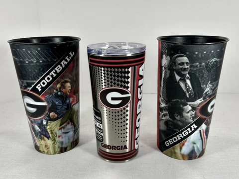 Three Georgia Bulldogs Cups! 20oz Tumbler Insulated & 2 32 Oz Plastic Holograms Cover