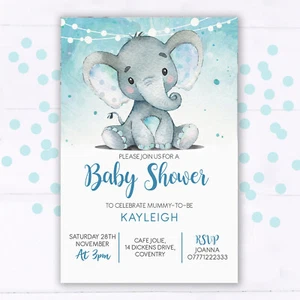 Personalised Baby Shower Invitations, Elephant, Blue, Baby Boy, Invites - Picture 1 of 1