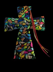 Splendida croce in vetro fuso multicolore fatta a mano.  11x8 - Foto 1 di 3