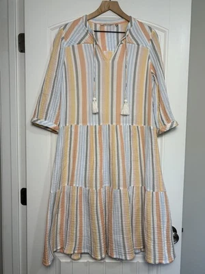 Soft Surroundings Laguna Gauze Dress Sz L Peach Grey Striped Maxi Tiered Tie - Image 1 of 4