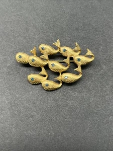 Spilla vintage Erwin perle scuola di pesci spilla gioiello occhi blu tono oro 2" - Foto 1 di 7