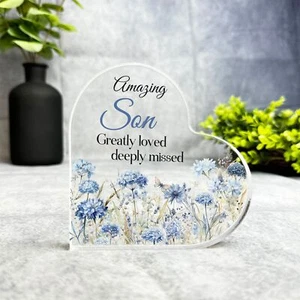 Son Blue Floral Memorial Heart Plaque Sympathy Gift Keepsake Gift - Picture 1 of 3