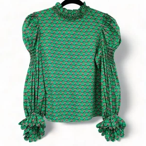 Horror Vacui Damen Bluse grün Größe XS Small Claire Blumen gewellte Puffärmel - Bild 1 von 10