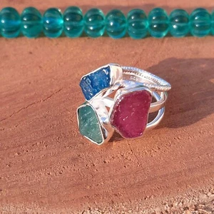 Ruby Emerald Apatite Rough Gemstone 925 Sterling Silver Three Stone Ring Size 8 - Picture 1 of 3