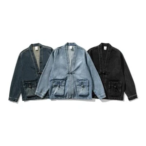 Hombres Retro Denim Botón Suelto Abrigo Estilo Chino Tang Zhuang Jean Chaquetas Informales - Imagen 1 de 15