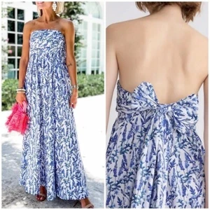J. Crew Collection Strapless Bow Back Maxi Dress Meadow Print Blue Floral Size 2 - Picture 1 of 4