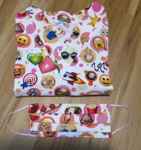 Cute Emojis Assortment Handmade White Cotton Scrub Top, Size Large 38-40 - Picture 1 of 7