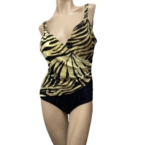 Nuevo con etiquetas Traje de baño Fantasizer 14 copa en D de una pieza estampado animal beige/negro Halter Top - Imagen 1 de 7