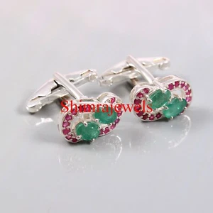 Simulated Emerald & Heated Ruby With 925 Sterling Silver Cufflinks #350 - Picture 1 of 11
