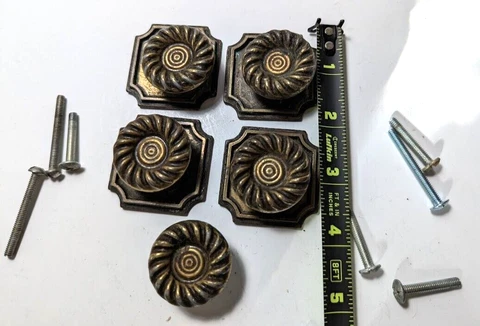 Set of 4  Vintage Salvaged Brass Drawer Knobs with Back Plate and screws Cover