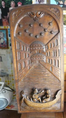 Antique Large Deep Carved Architectural Panel Door walnut view of venice  - Image 1 of 4