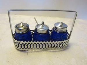 Vintage Kobaltblau Glas GEWÜRZ 8-teiliges SET CHROM HALTER S & P Senf Sunburst - Bild 1 von 8