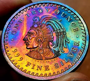 Calendario azteca redondo de plata de 1 oz 1 oz rústico tono arco iris .999 gema bu raro - Imagen 1 de 2