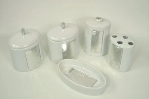 7 Piece Bathroom Vanity Set White Ceramic with Silver Leaf Design Counter Set - Picture 1 of 6