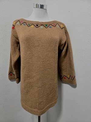 VINTAGE 60s HANDMADE/KNITTED LIGHT BROWN WOOL FLOWER EMBROIDERY TRIM SWEATER - Image 1 of 4