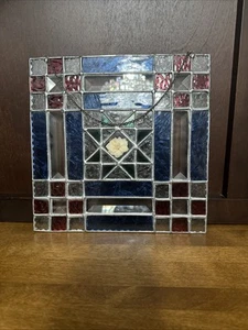 Stained Glass Window Panel Sun Catcher 10” Sq Red Blue Clear Pressed Flower - Picture 1 of 7