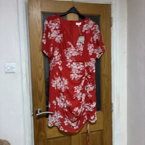 Apricot BNWT Size 18 More like 16 Red/White Floral Faux Wrap Midi Dress Ruched - Picture 1 of 7