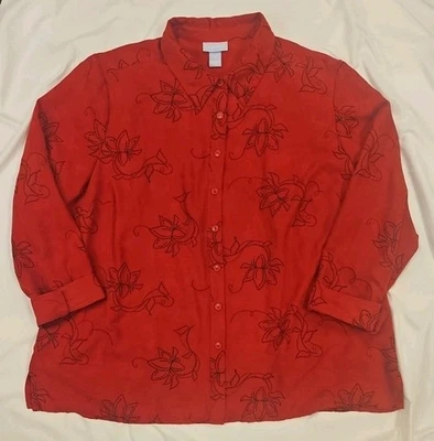 Рубашка на пуговицах женская LIZ & ME 2X Plus красная черная вышитая полиэстер - Изображение 1 из 4