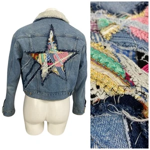 Chaqueta Denim Reciclada Mujer Pequeña Estrella Boho Grunge Retazos Arte Popular Coachella - Imagen 1 de 10