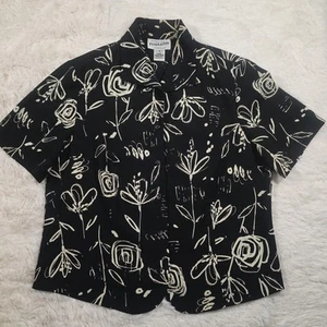 Pendleton Floral Doodle Print Kurzarm schwarz Knopfleiste gefütterte Bluse Gr. 12 - Bild 1 von 8