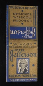 Libro de cerillas Hotel Jefferson 110 habitaciones de 1930 con gerente de Hagy Clifton Forge VA - Imagen 1 de 2