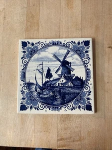 Delft Blauw hand painted Holland Windmill By Boat on Water Tile 6”x6” - Picture 1 of 2