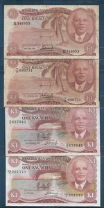 Malawi 1 Kwacha 4 yr Lot, 1974 1975 1976 1984, P 10b 10c 14a 14h, F-VF - Picture 1 of 5