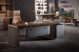 Schreibtisch Design Büro Möbel Einrichtung Tisch Chef Boss Eck Tische Leder Holz - Bild 1 von 2