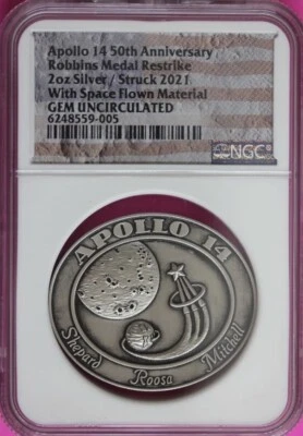 2021 APOLLO 14 50th Anniversary Robbins Medal 2oz Silver Space Mtrl NGC GEM - Image 1 of 4