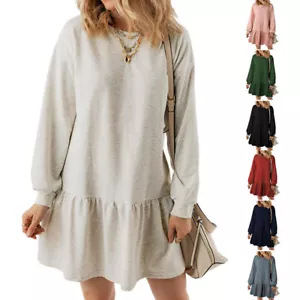 Abito donna maniche lunghe tinta unita girocollo pullover casual gonna ampia con volant - Foto 1 di 9