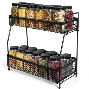 2 Tier Metal Foldable Non-Slip Countertop Spice Rack Organizer Kitchen Black - Picture 1 of 7